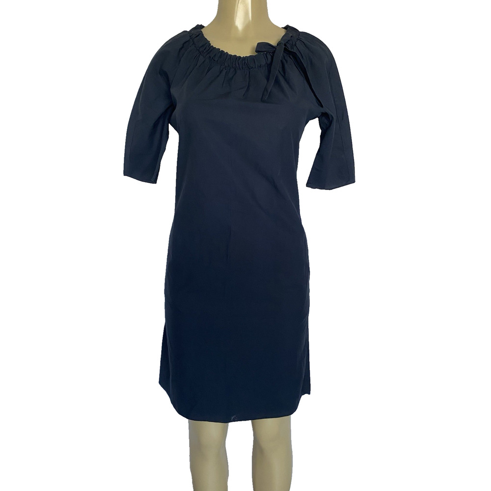 Aspesi Mini Dress Short Sleeve Navy Blue Bow Cotton Pockets Round Neck 38 XS